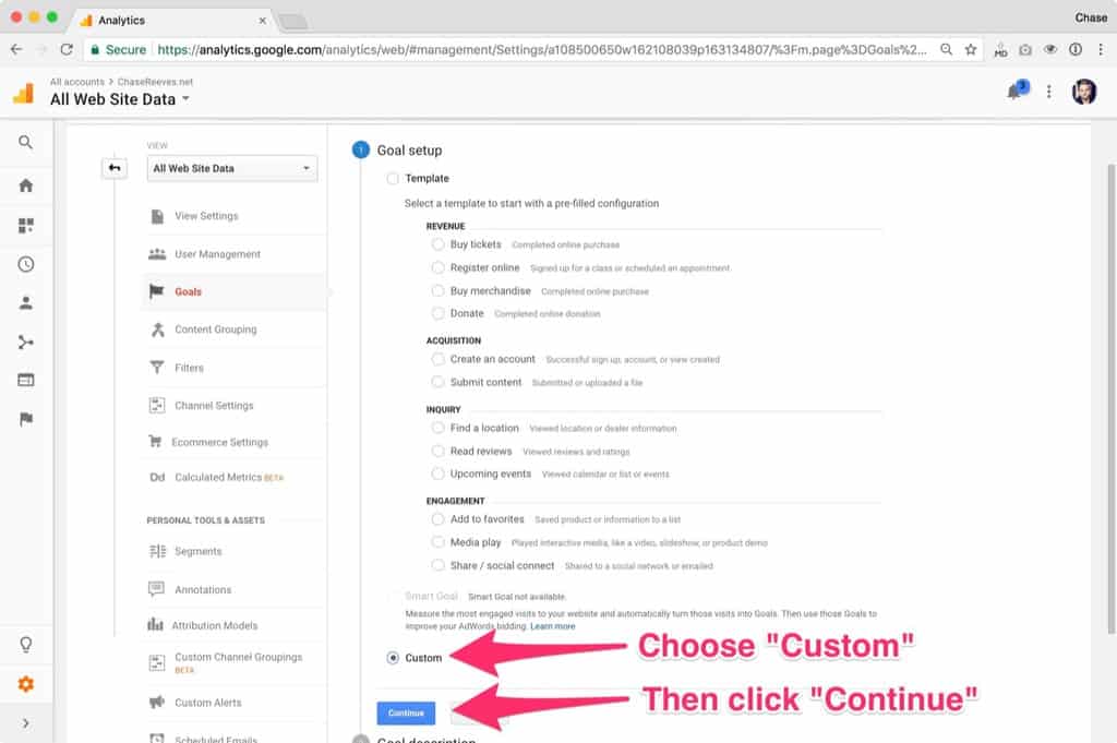Choose 'Custom' then click 'Continue'