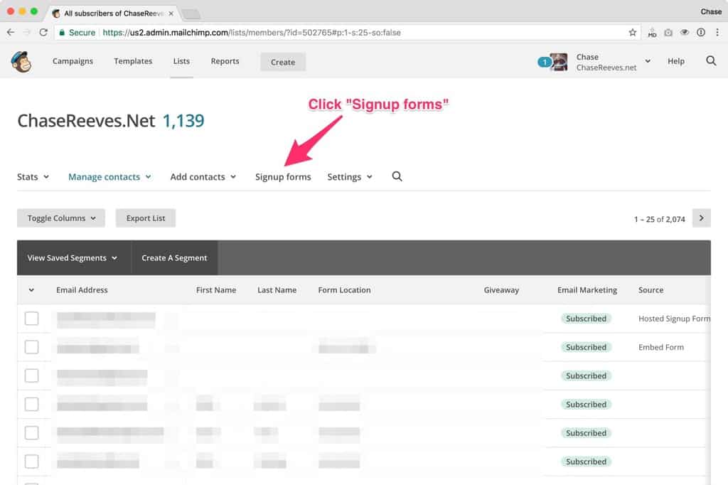 In MailChimp navigate to your list and then click 'Signup Forms'